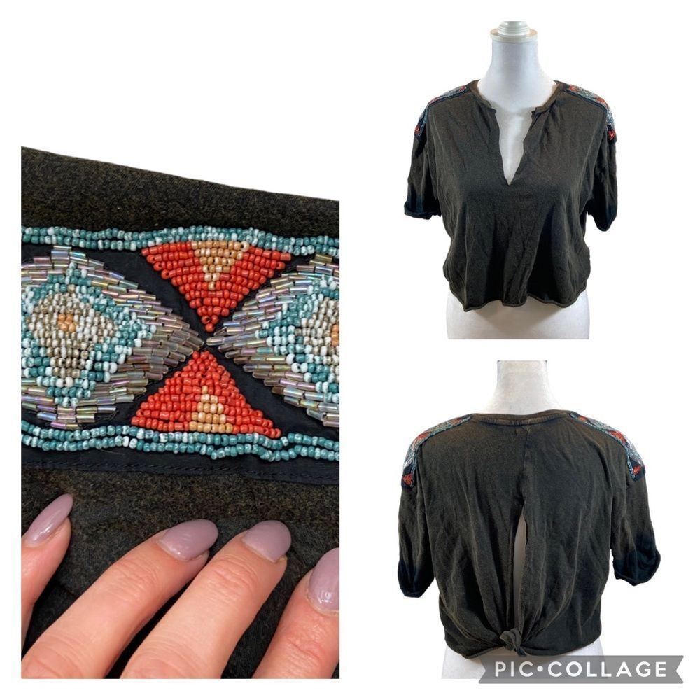 Ecote Brand Black Vintage Wash Beaded Shoulder Open Back Cropped Top Size XS